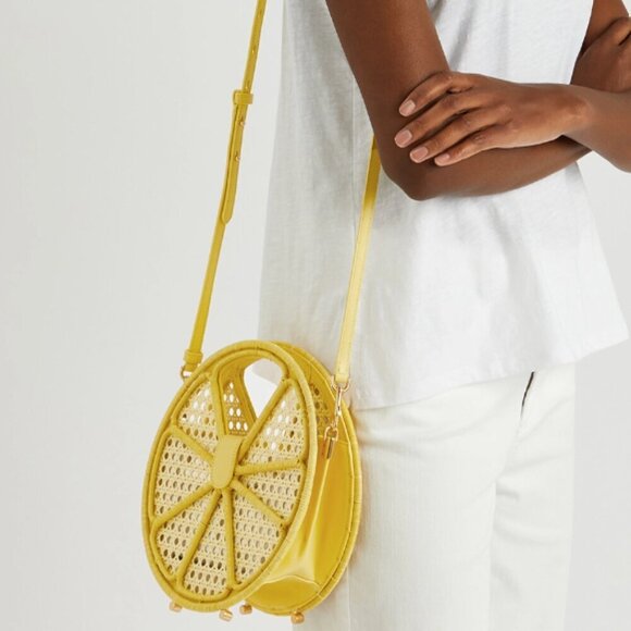 Kate Spade Lemon Drop Rattan Top-Handle Yellow Leather Crossbody Bag - Picture 7 of 11